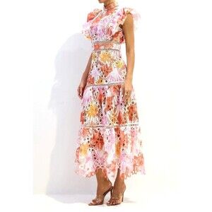 Dalia MacPhee lance Orange pink Hollow short sleeve  luxury Maxi midi Dress  L